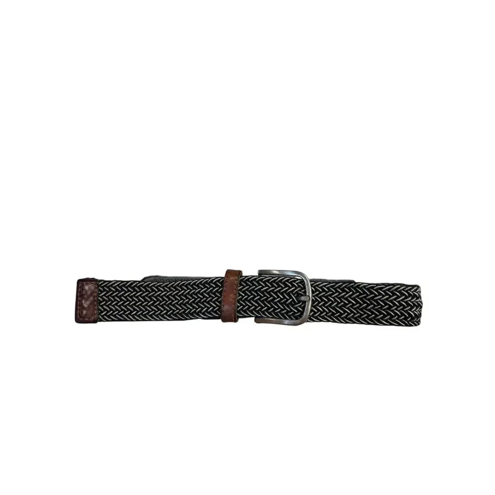 Vtg Woven Herringbone Stretch Belt Leather Trim Preppy 38